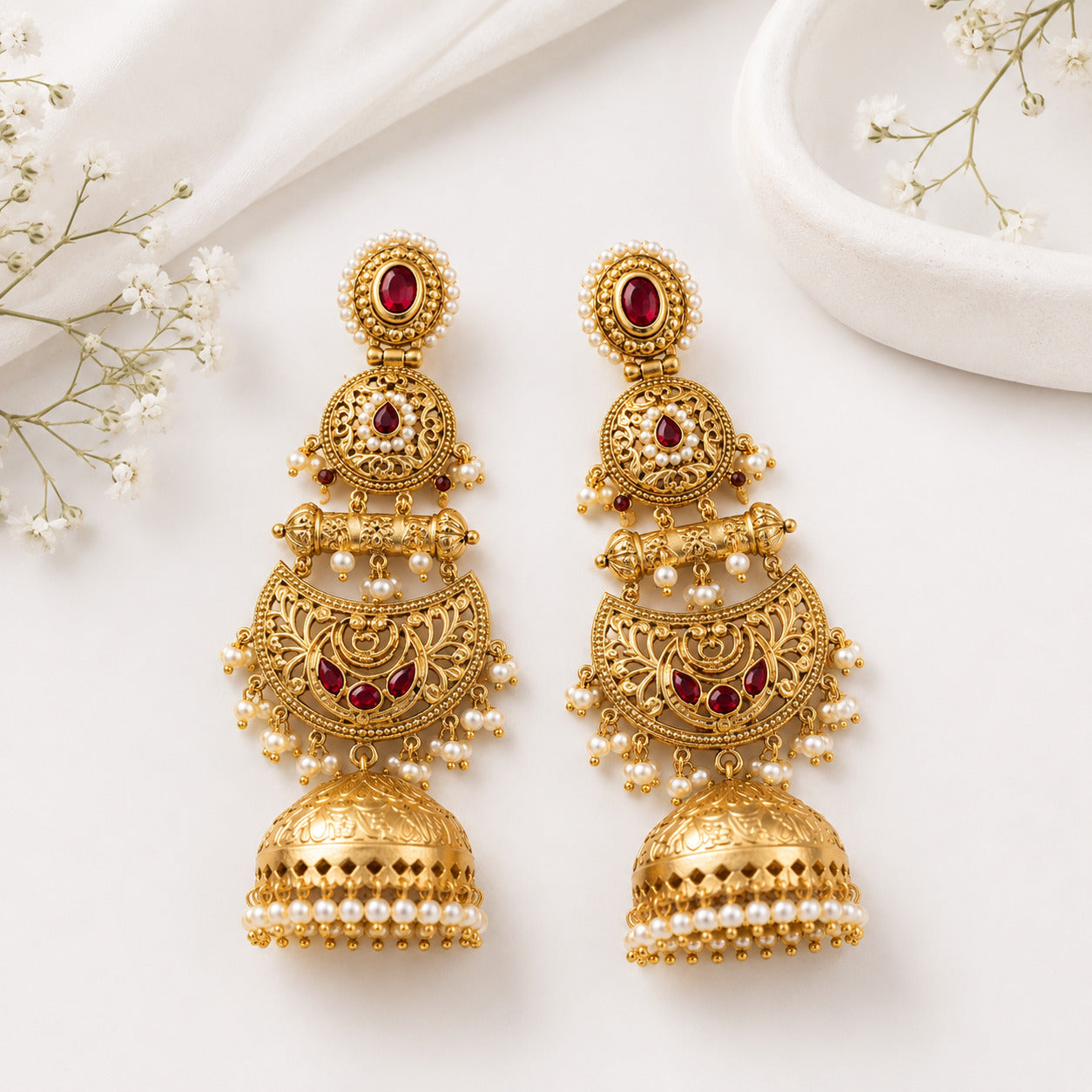 Gold-Plated Kundan & Ruby Red Stone Pearl Jhumka Chandbali Earring