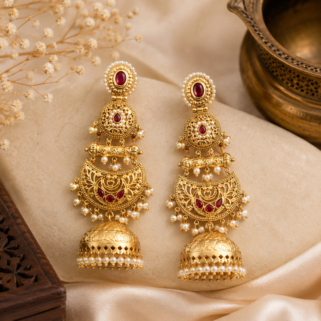 Gold-Plated Kundan & Ruby Red Stone Pearl Jhumka Chandbali Earring