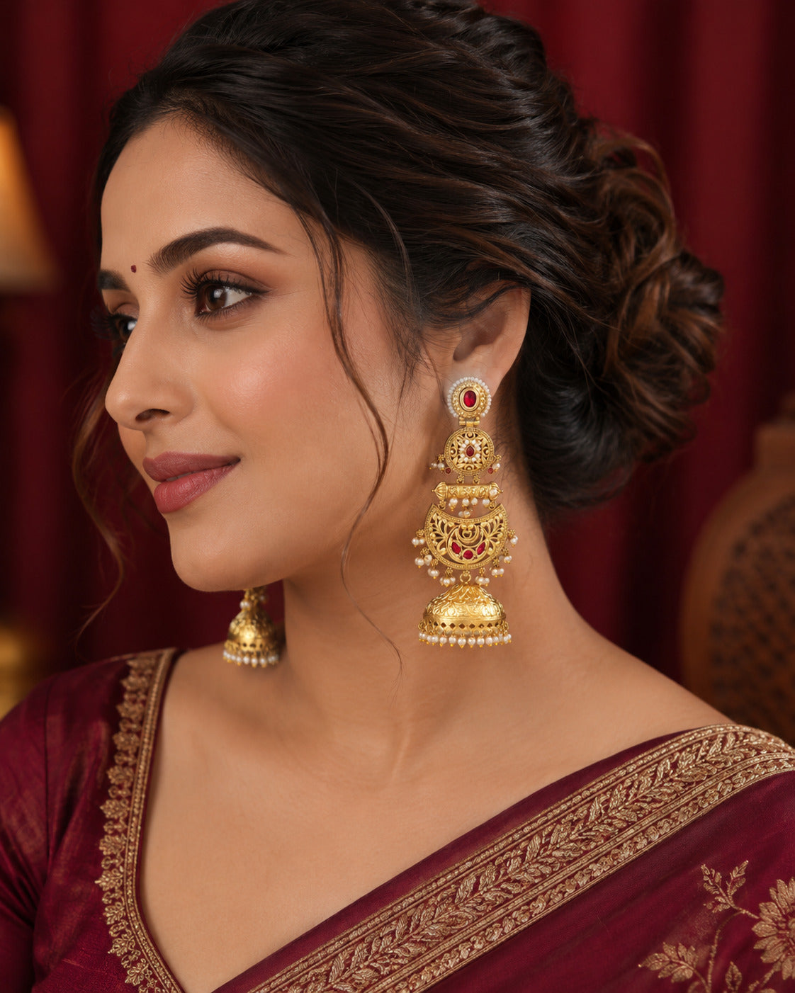 Gold-Plated Kundan & Ruby Red Stone Pearl Jhumka Chandbali Earring