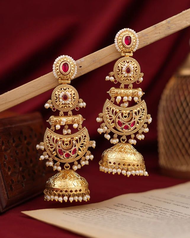 Gold-Plated Kundan & Ruby Red Stone Pearl Jhumka Chandbali Earring