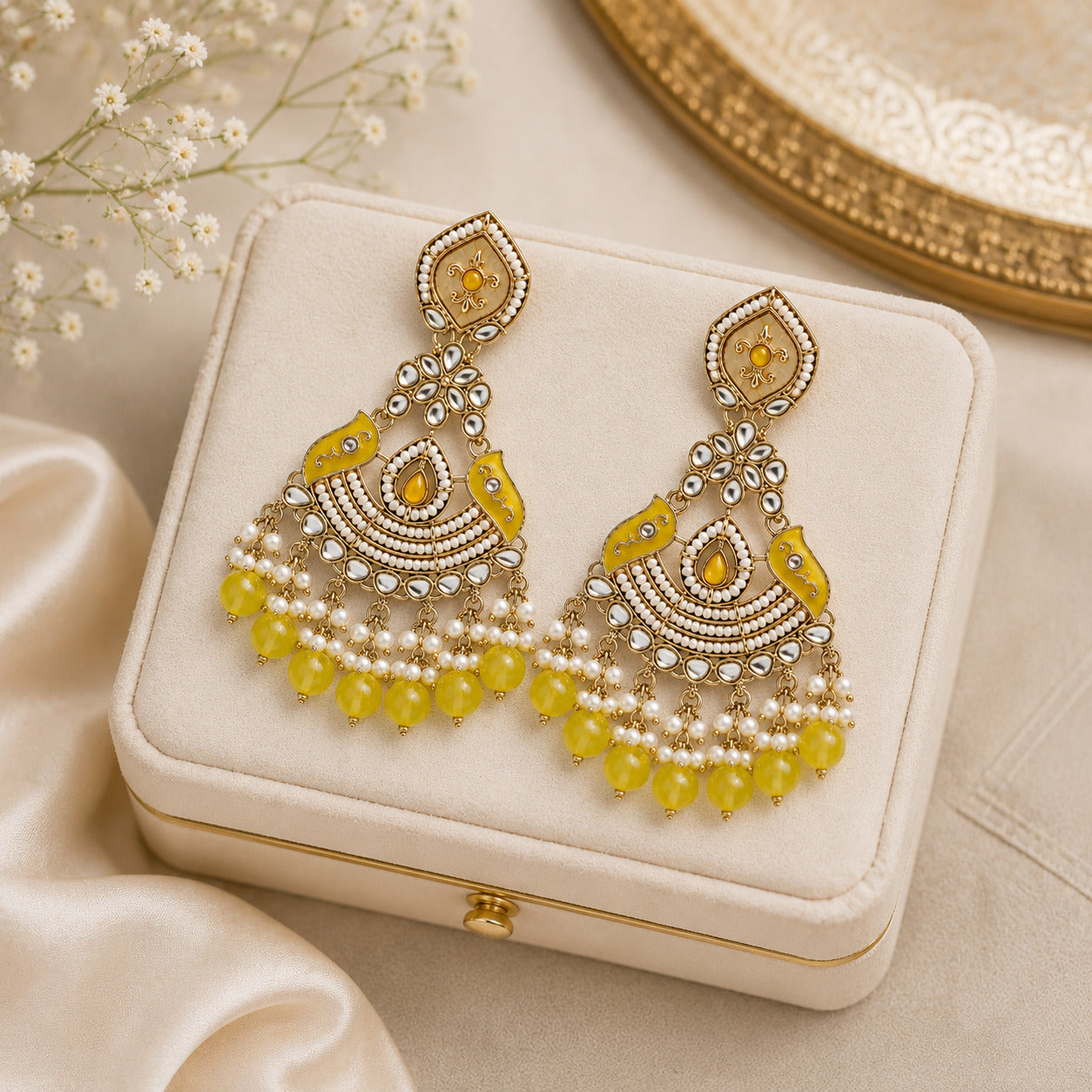 Yellow Kundan Pearl Chandbali Earring