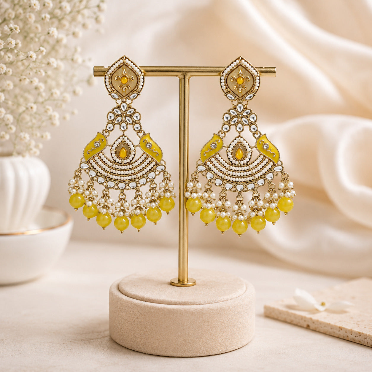 Yellow Kundan Pearl Chandbali Earring
