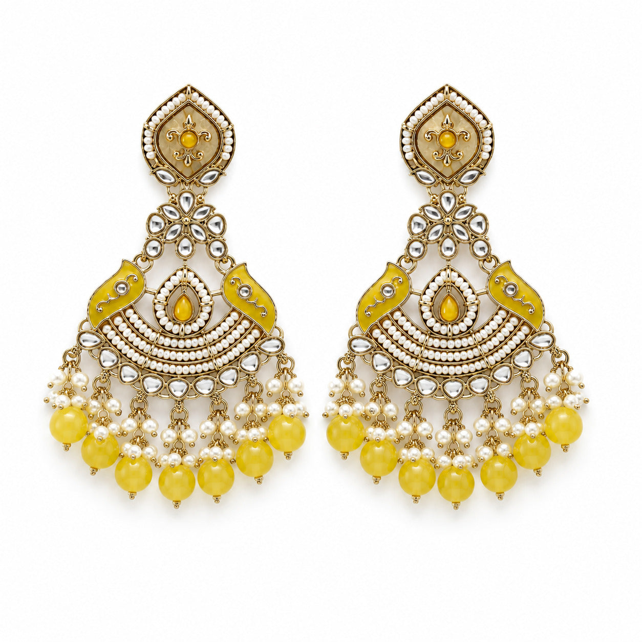 Yellow Kundan Pearl Chandbali Earring