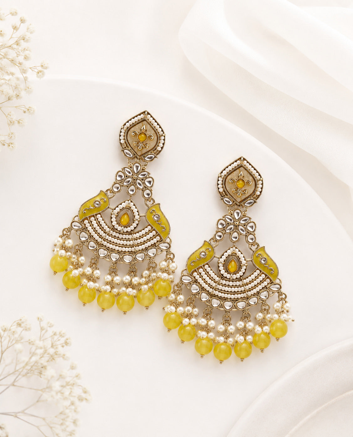 Yellow Kundan Pearl Chandbali Earring