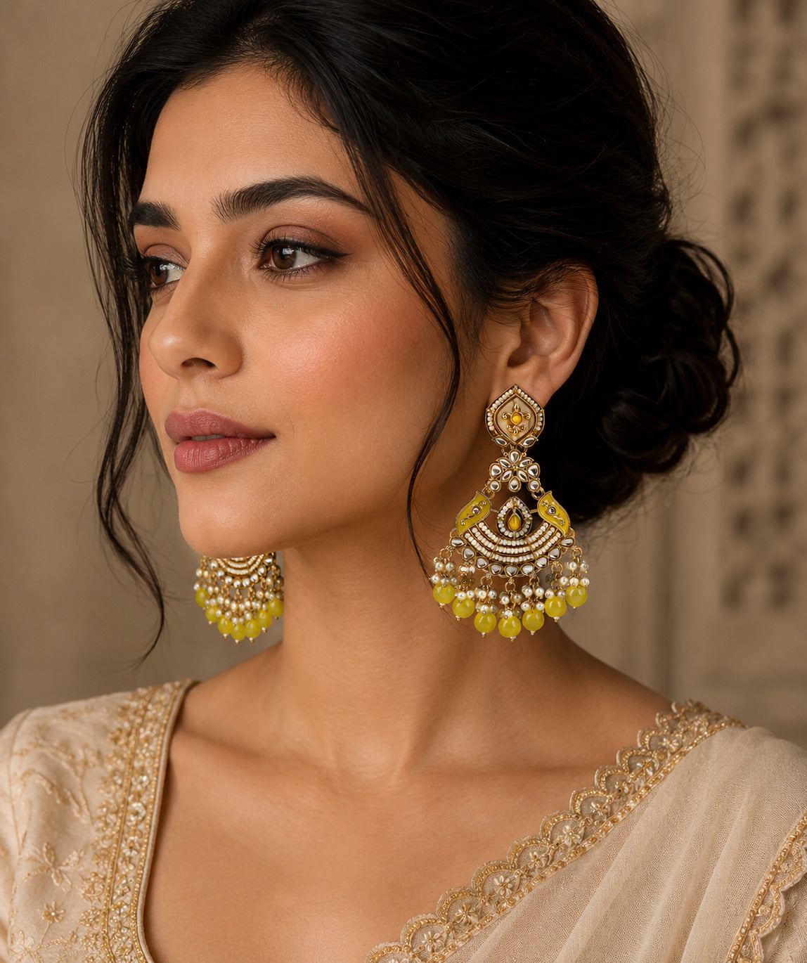Yellow Kundan Pearl Chandbali Earring