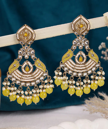 Yellow Kundan Pearl Chandbali Earring