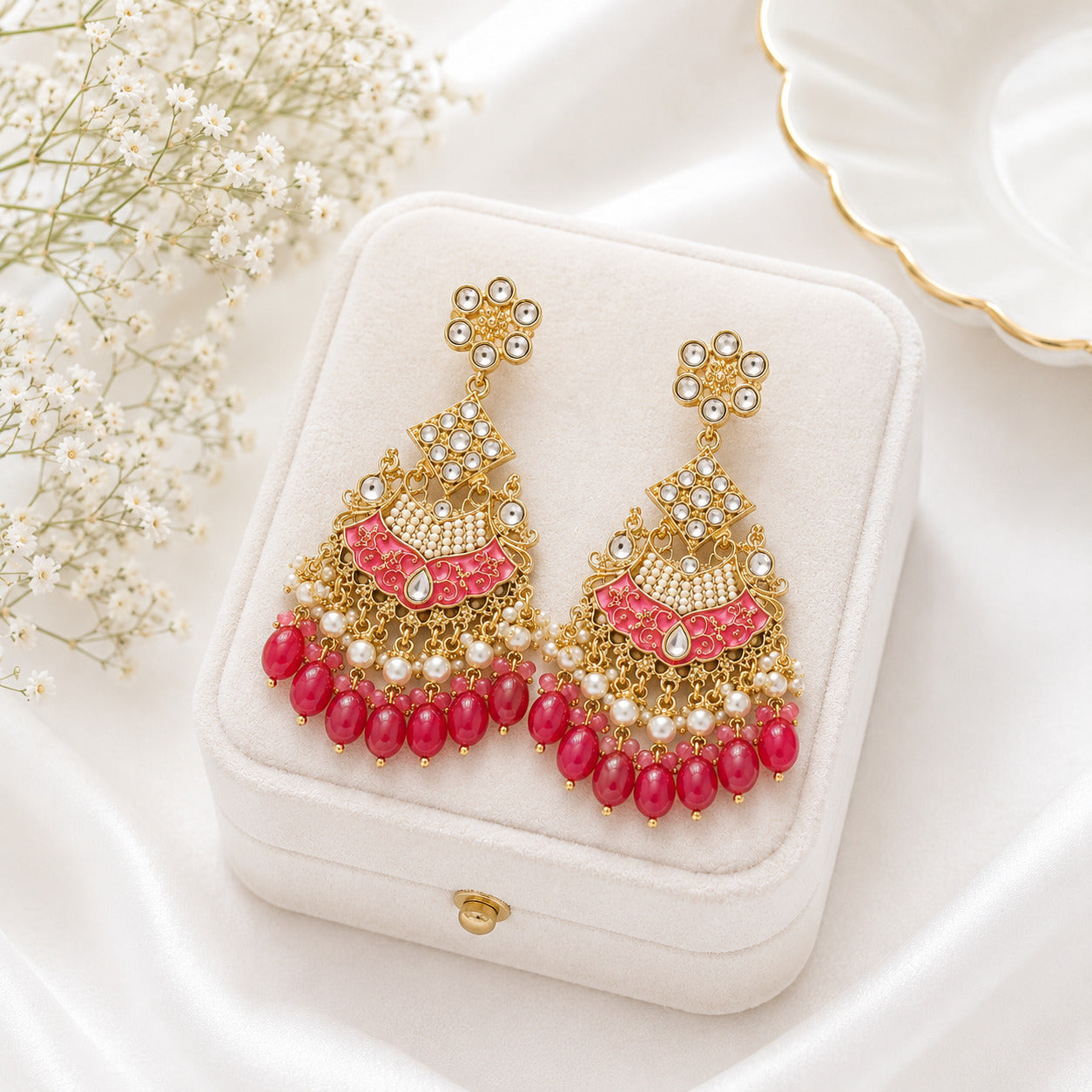 Pink Kundan Pearl Chandbali Earring