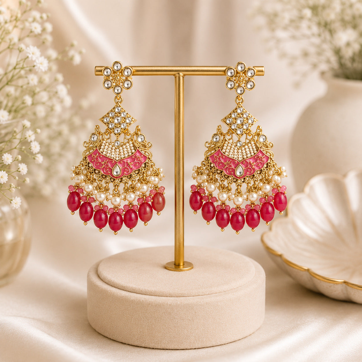 Pink Kundan Pearl Chandbali Earring