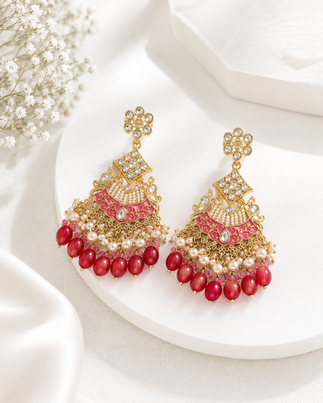Pink Kundan Pearl Chandbali Earring