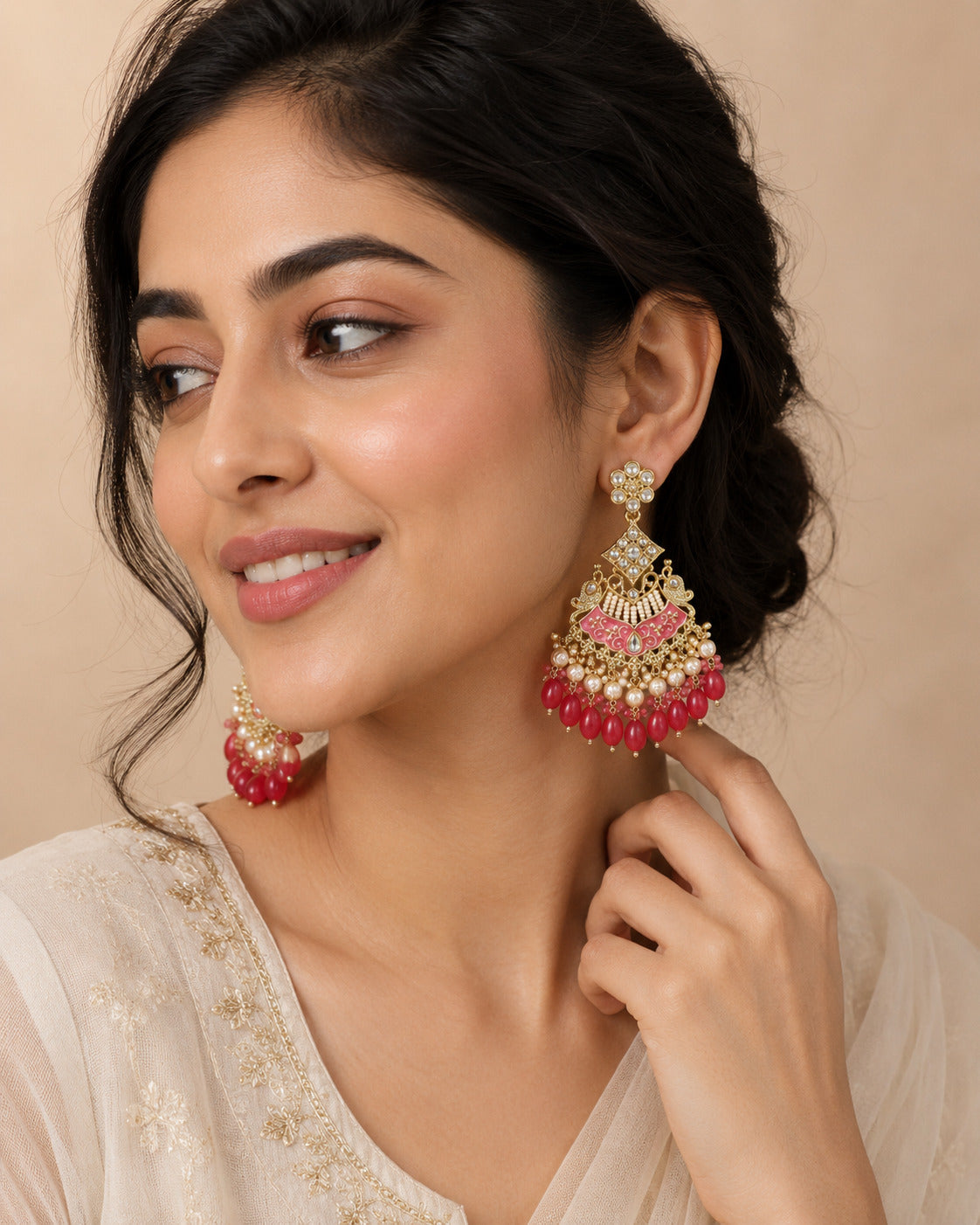 Pink Kundan Pearl Chandbali Earring