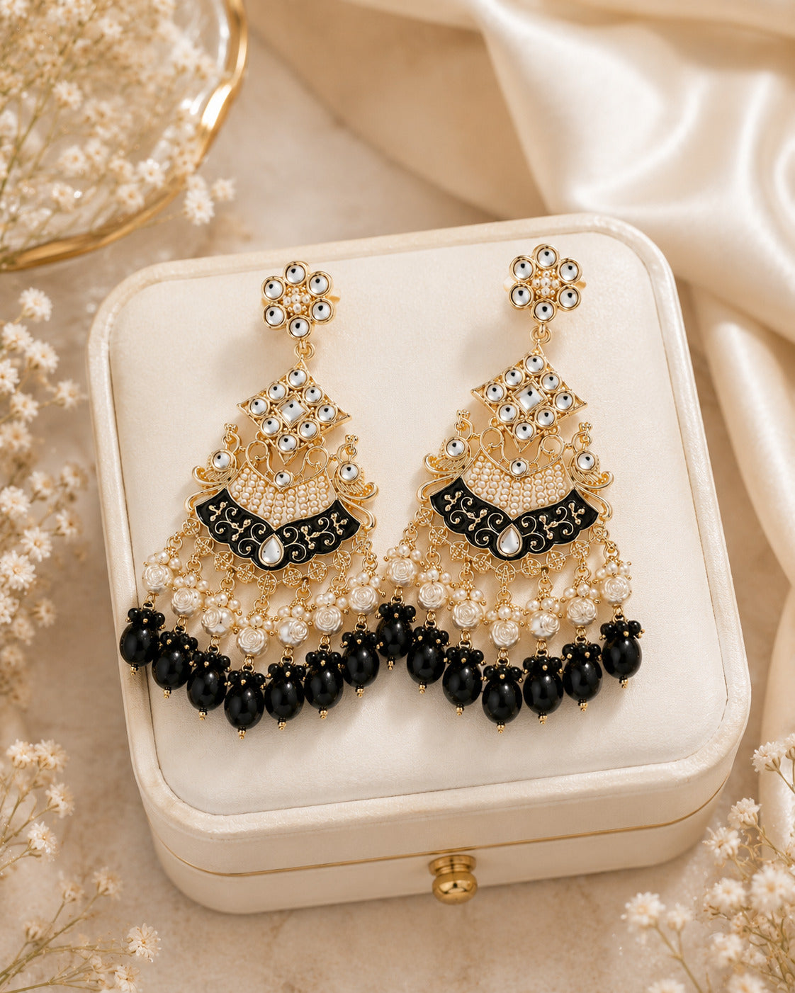 Royal Black & Pearl Kundan Statement Earring
