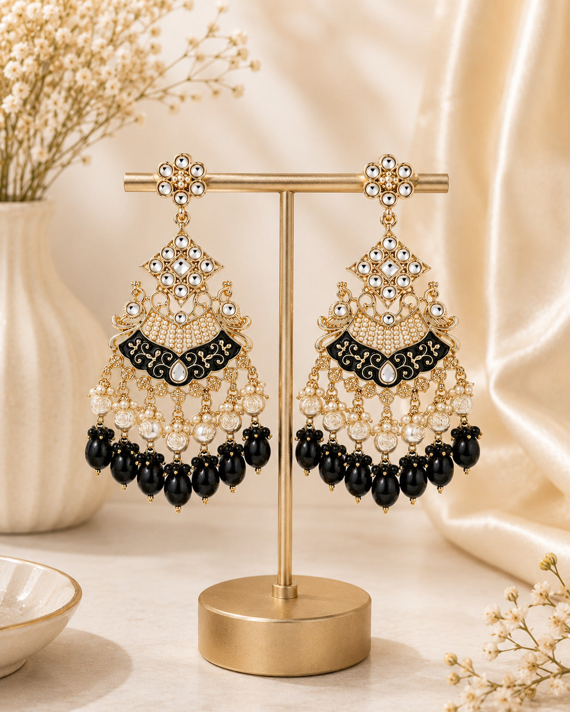 Royal Black & Pearl Kundan Statement Earring