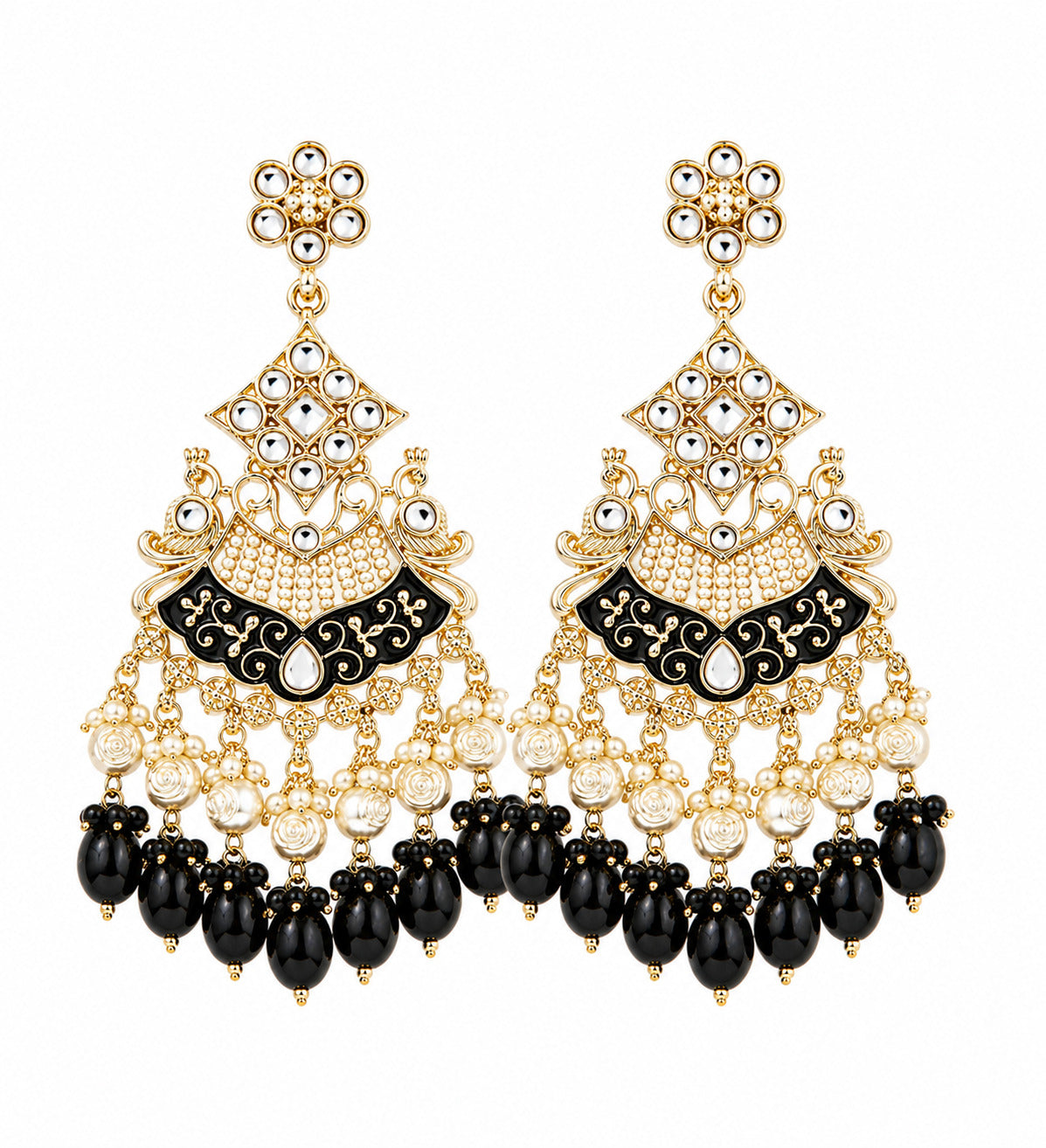 Royal Black & Pearl Kundan Statement Earring