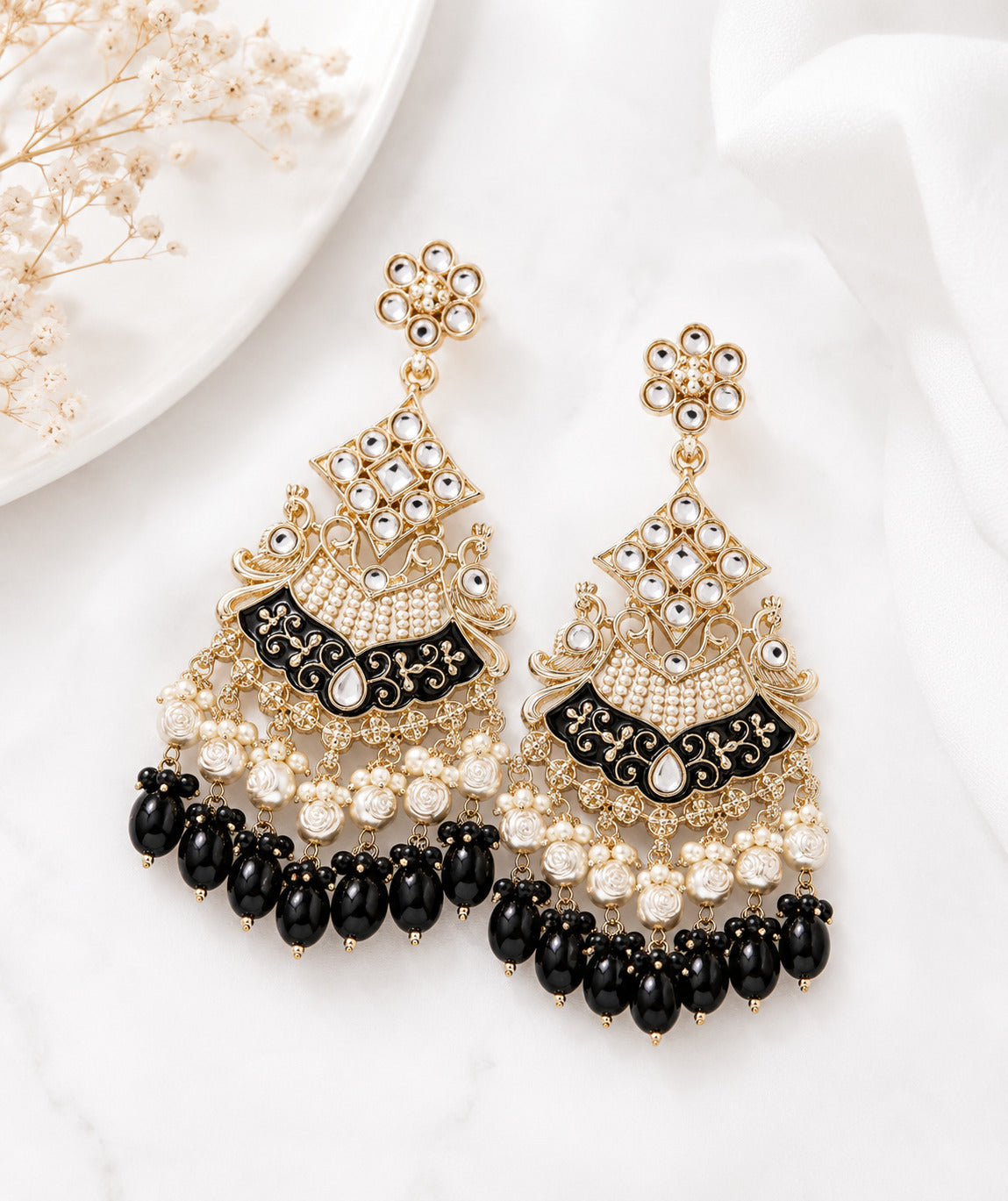 Royal Black & Pearl Kundan Statement Earring