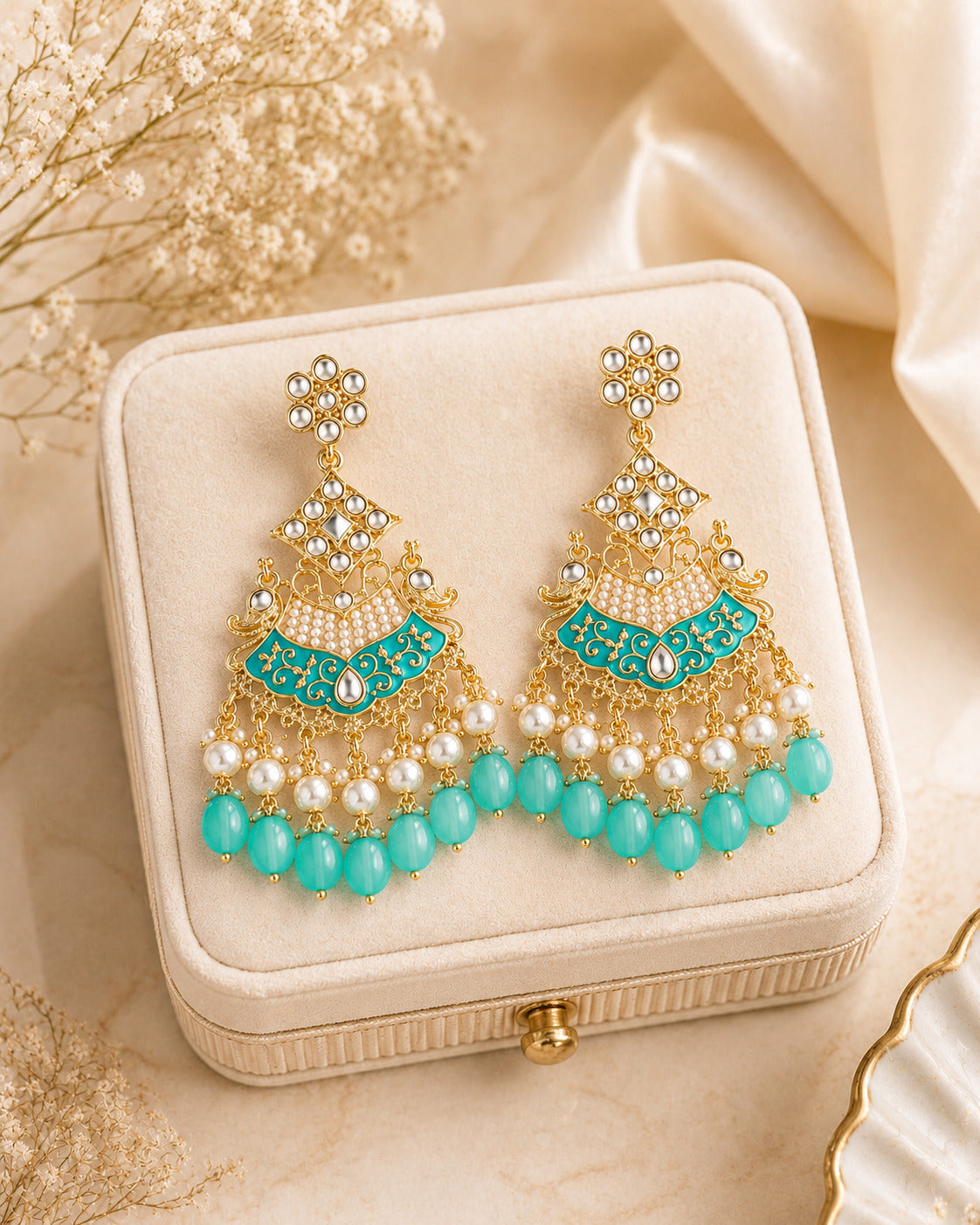 Aqua Blue Kundan Pearl Drop Statement Earring