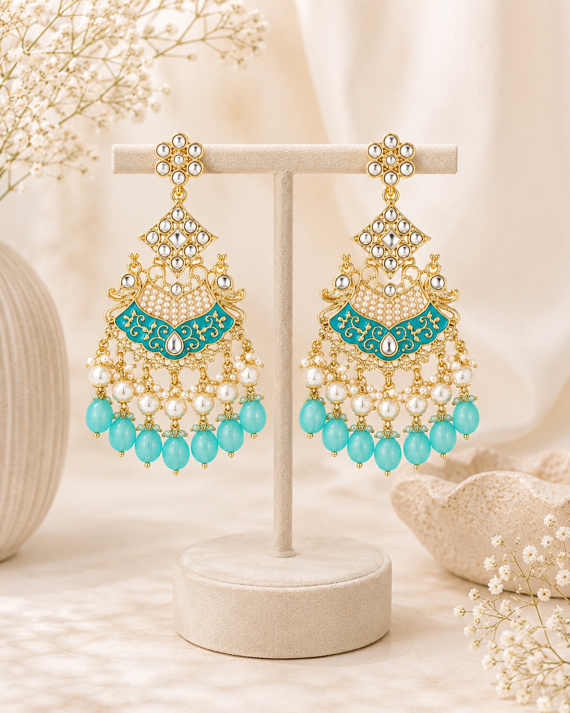 Aqua Blue Kundan Pearl Drop Statement Earring