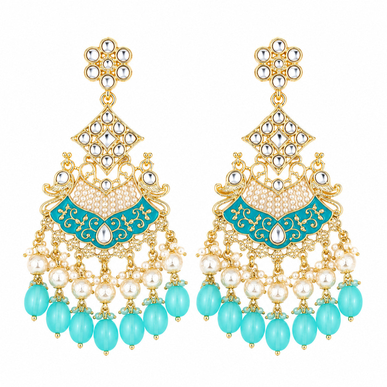 Aqua Blue Kundan Pearl Drop Statement Earring