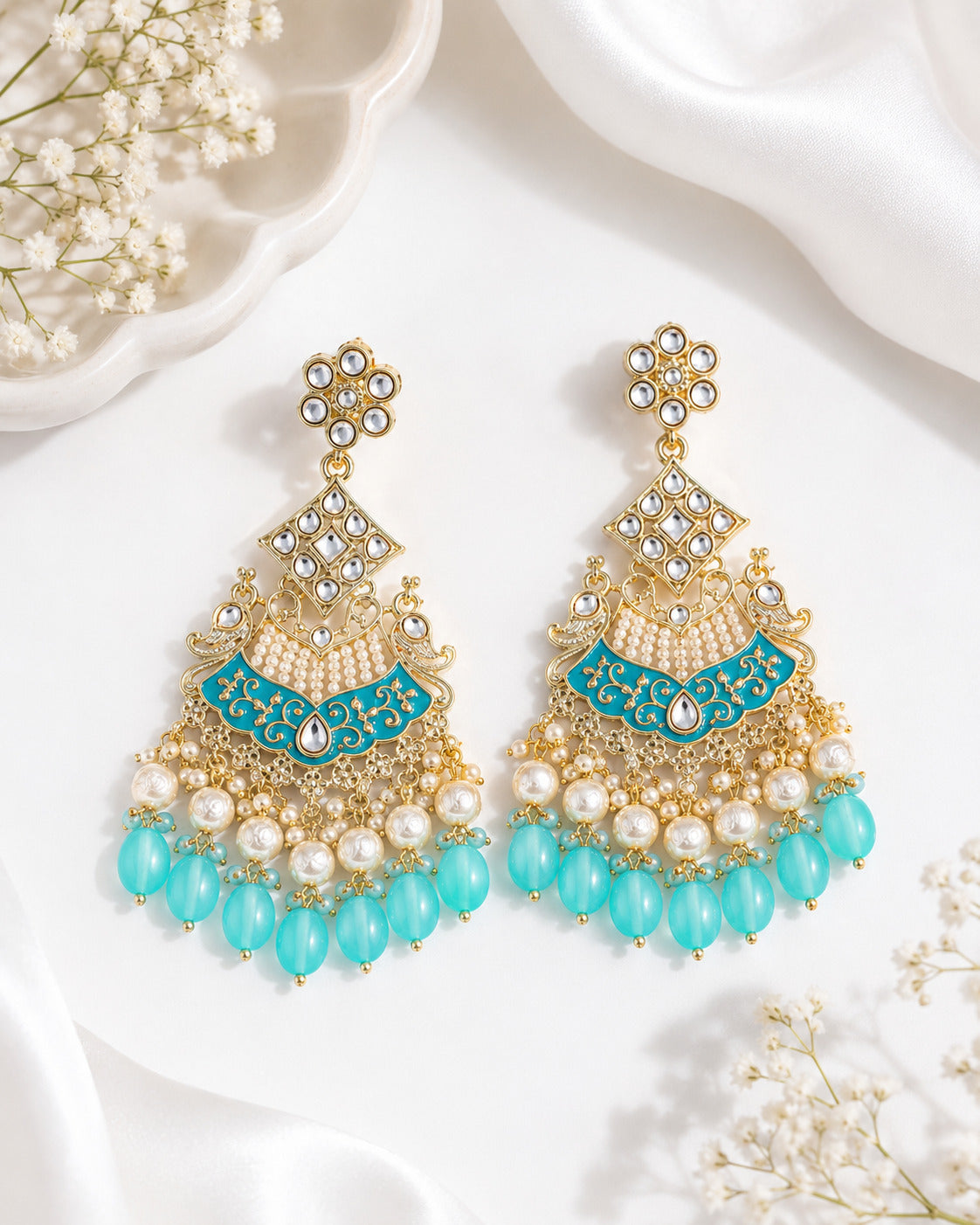Aqua Blue Kundan Pearl Drop Statement Earring