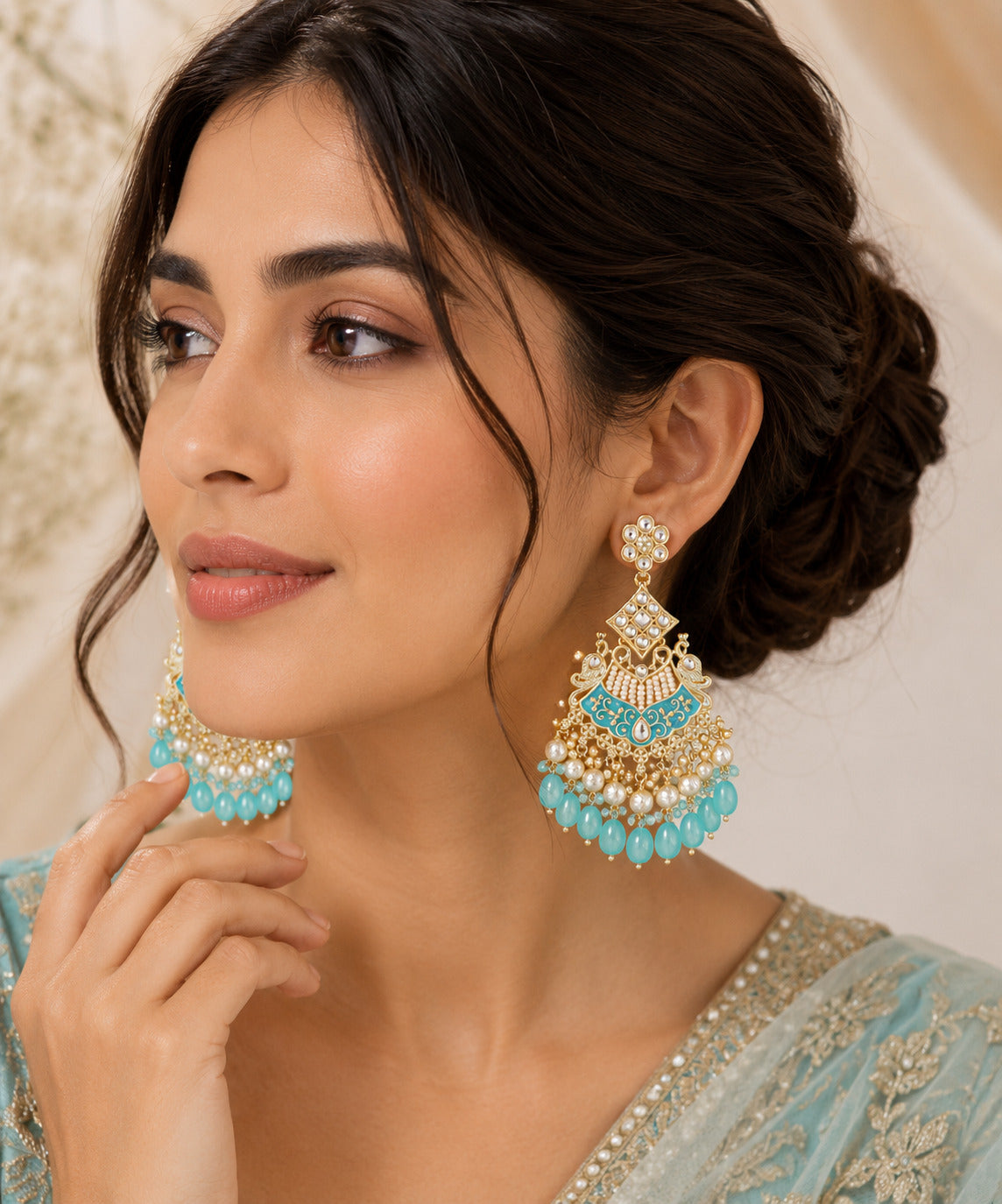 Aqua Blue Kundan Pearl Drop Statement Earring
