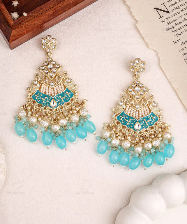 Aqua Blue Kundan Pearl Drop Statement Earring
