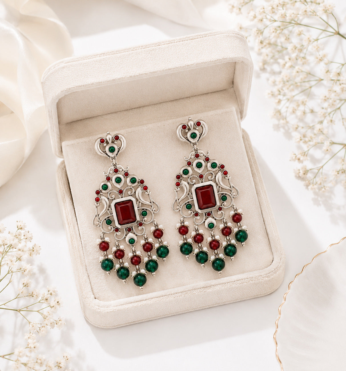 Traditional Red & Green Stone Chandbali Earring