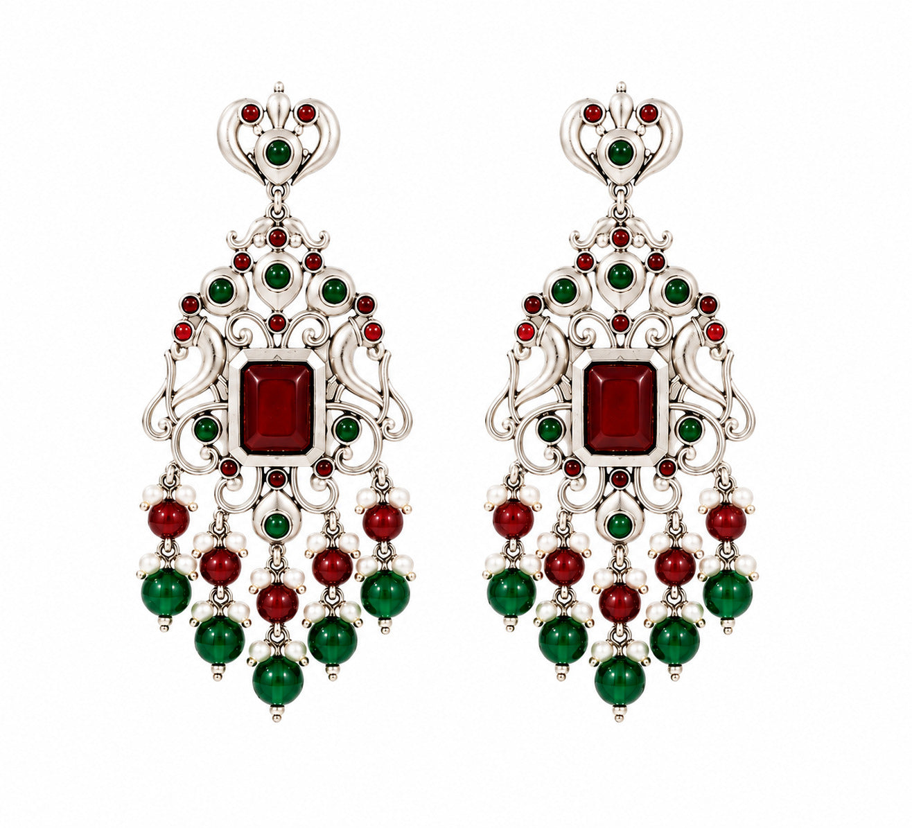 Traditional Red & Green Stone Chandbali Earring