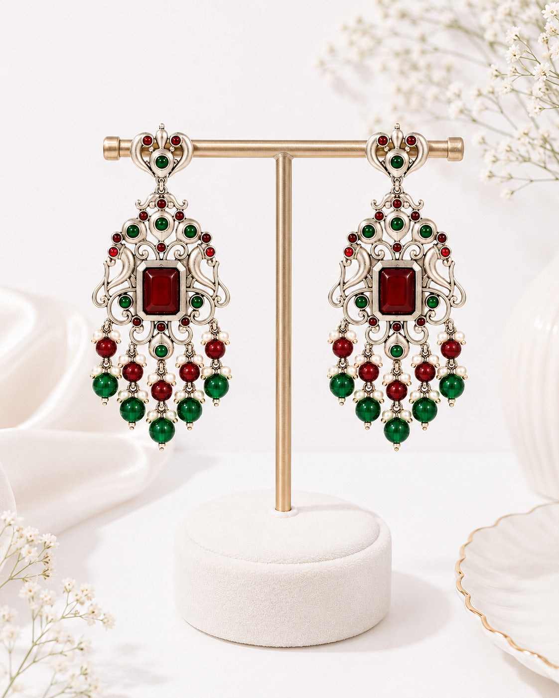 Traditional Red & Green Stone Chandbali Earring