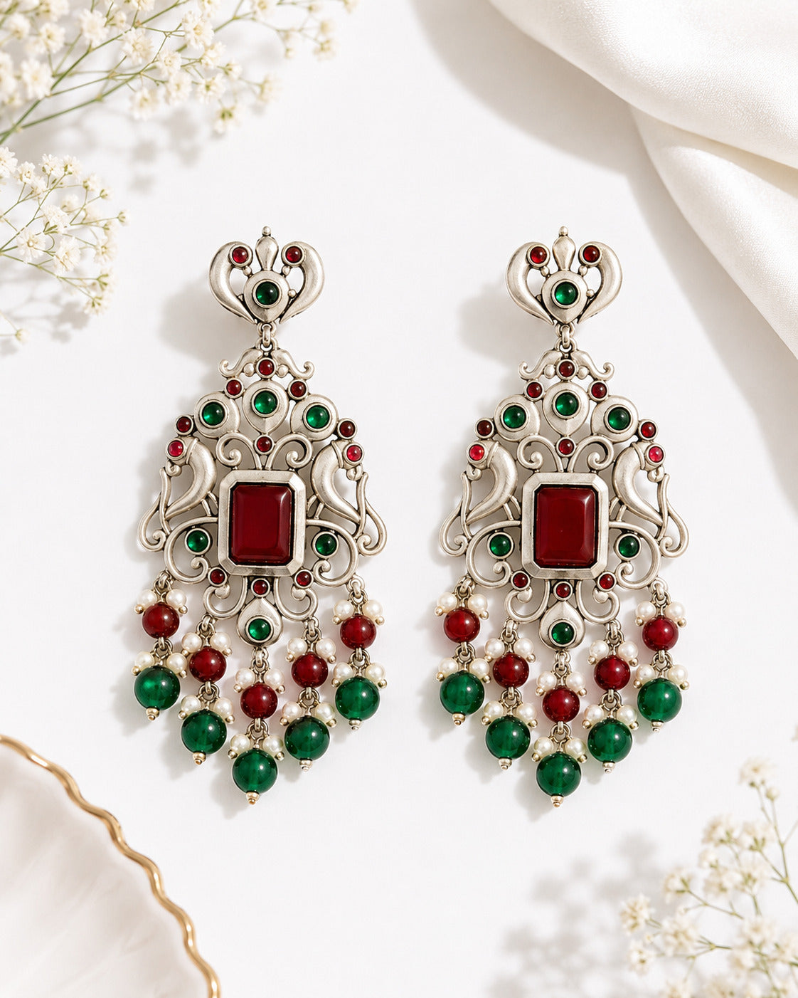 Traditional Red & Green Stone Chandbali Earring