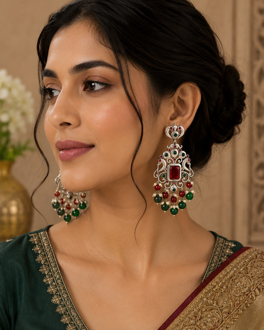 Traditional Red & Green Stone Chandbali Earring