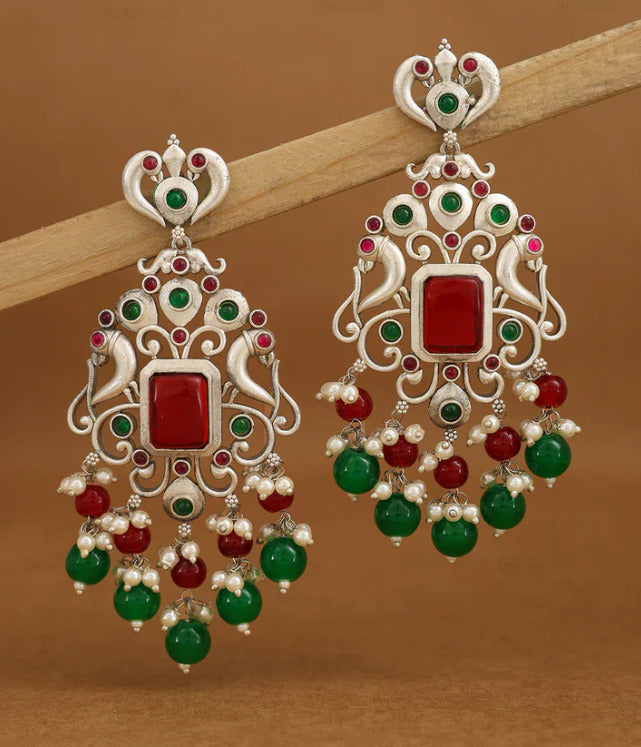 Traditional Red & Green Stone Chandbali Earring