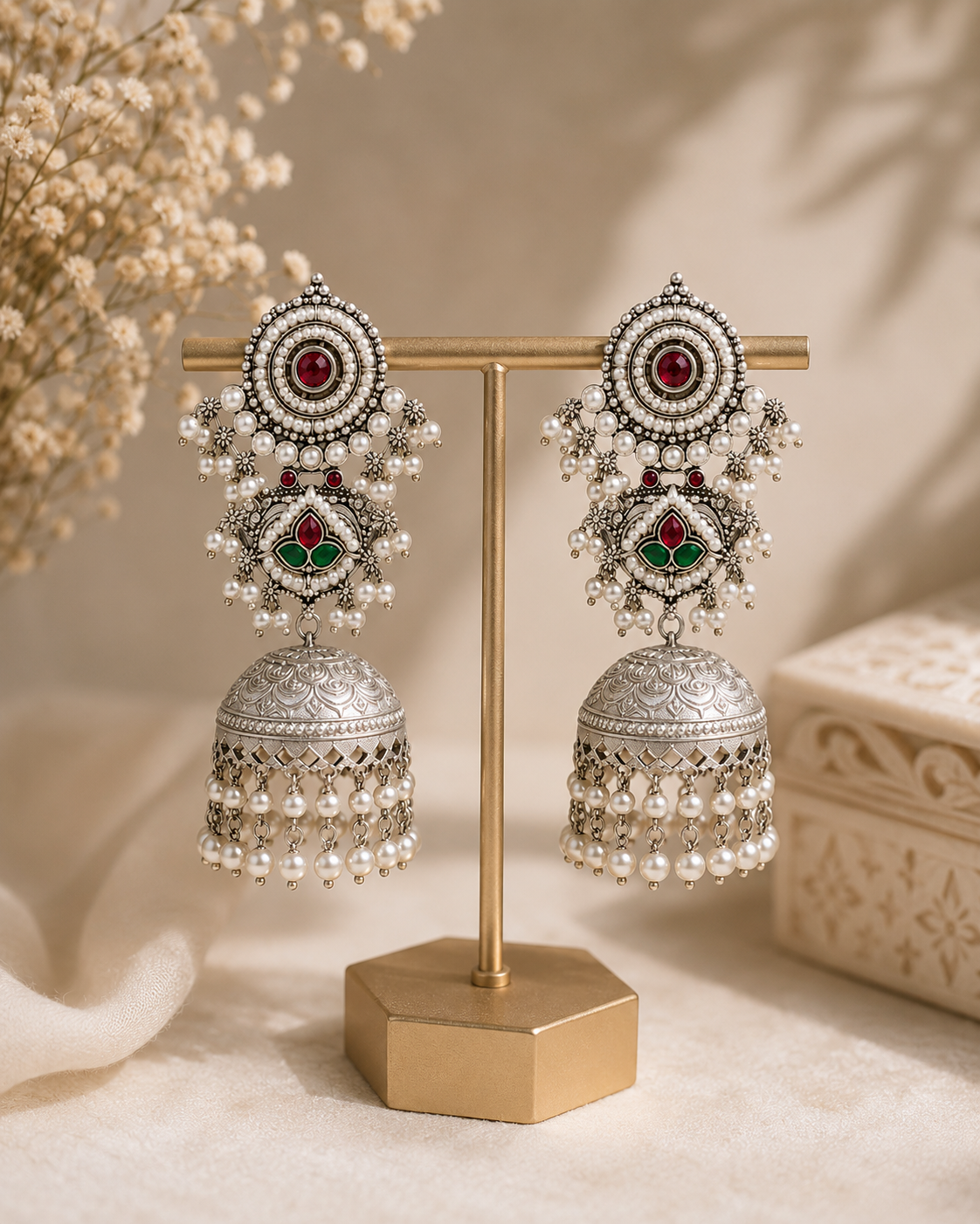 Silver-Toned Meenakari Jhumka Earring