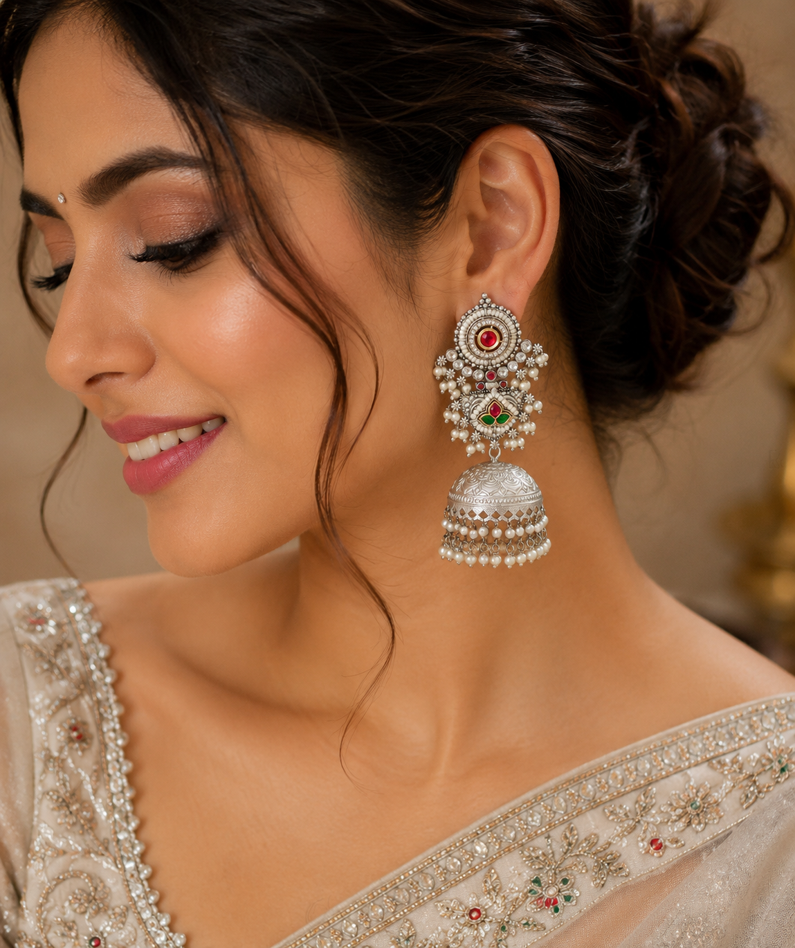Silver-Toned Meenakari Jhumka Earring