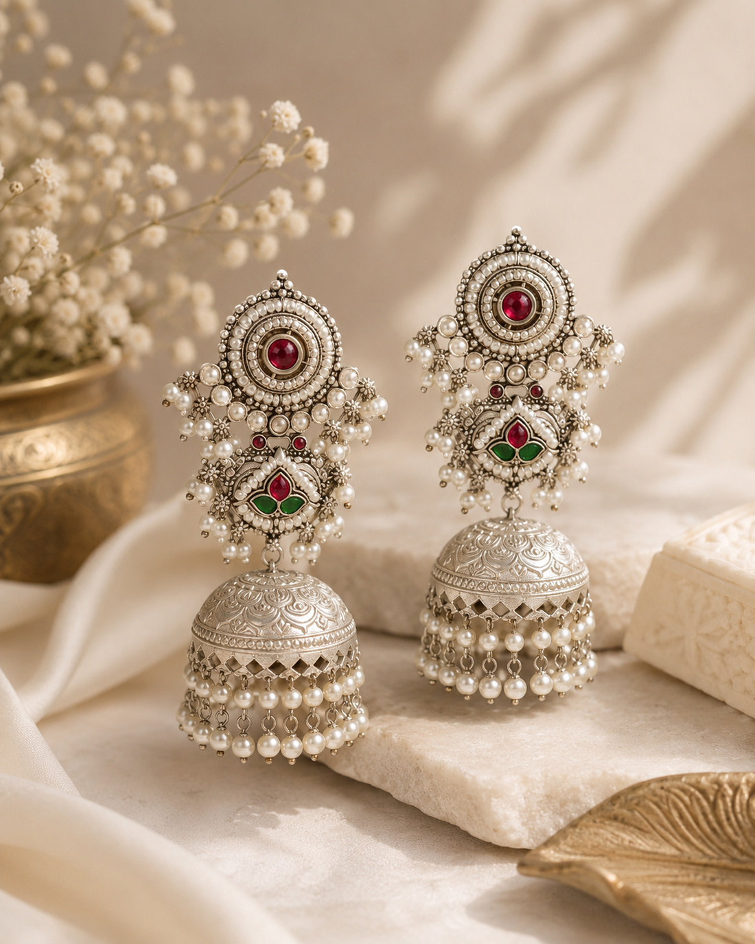 Silver-Toned Meenakari Jhumka Earring