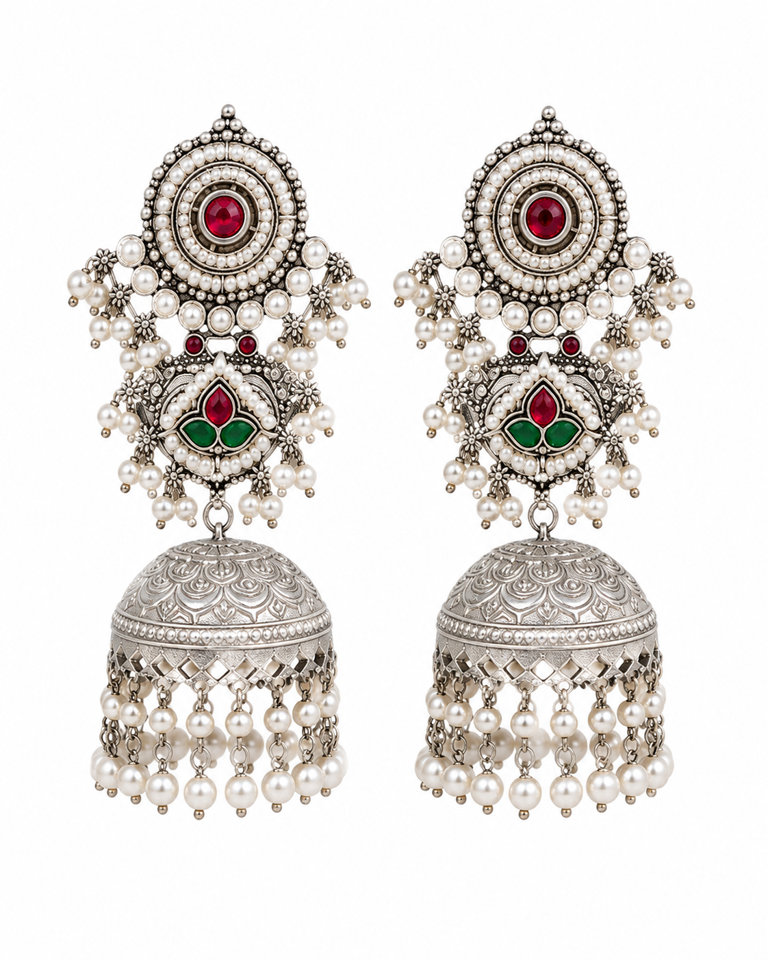 Silver-Toned Meenakari Jhumka Earring