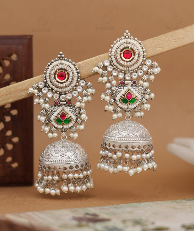 Silver-Toned Meenakari Jhumka Earring