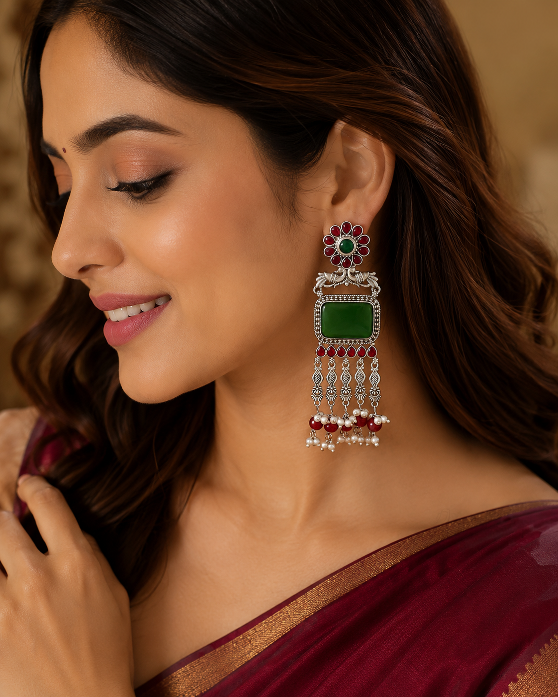 Green Stone Silver-Toned Statement Earring