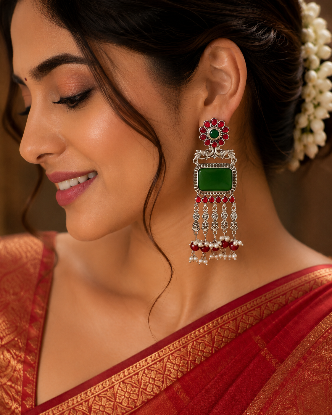 Green Stone Silver-Toned Statement Earring