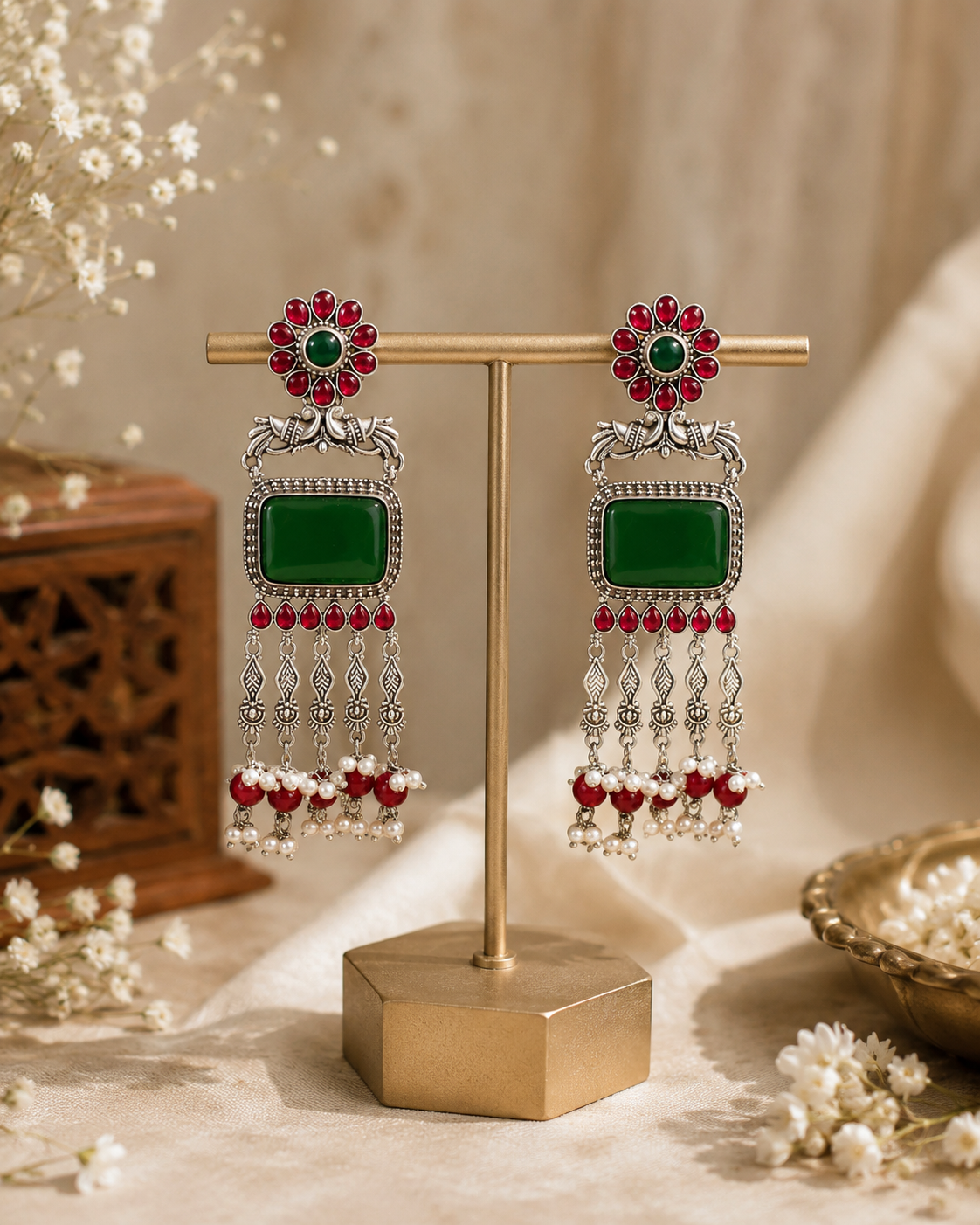 Green Stone Silver-Toned Statement Earring