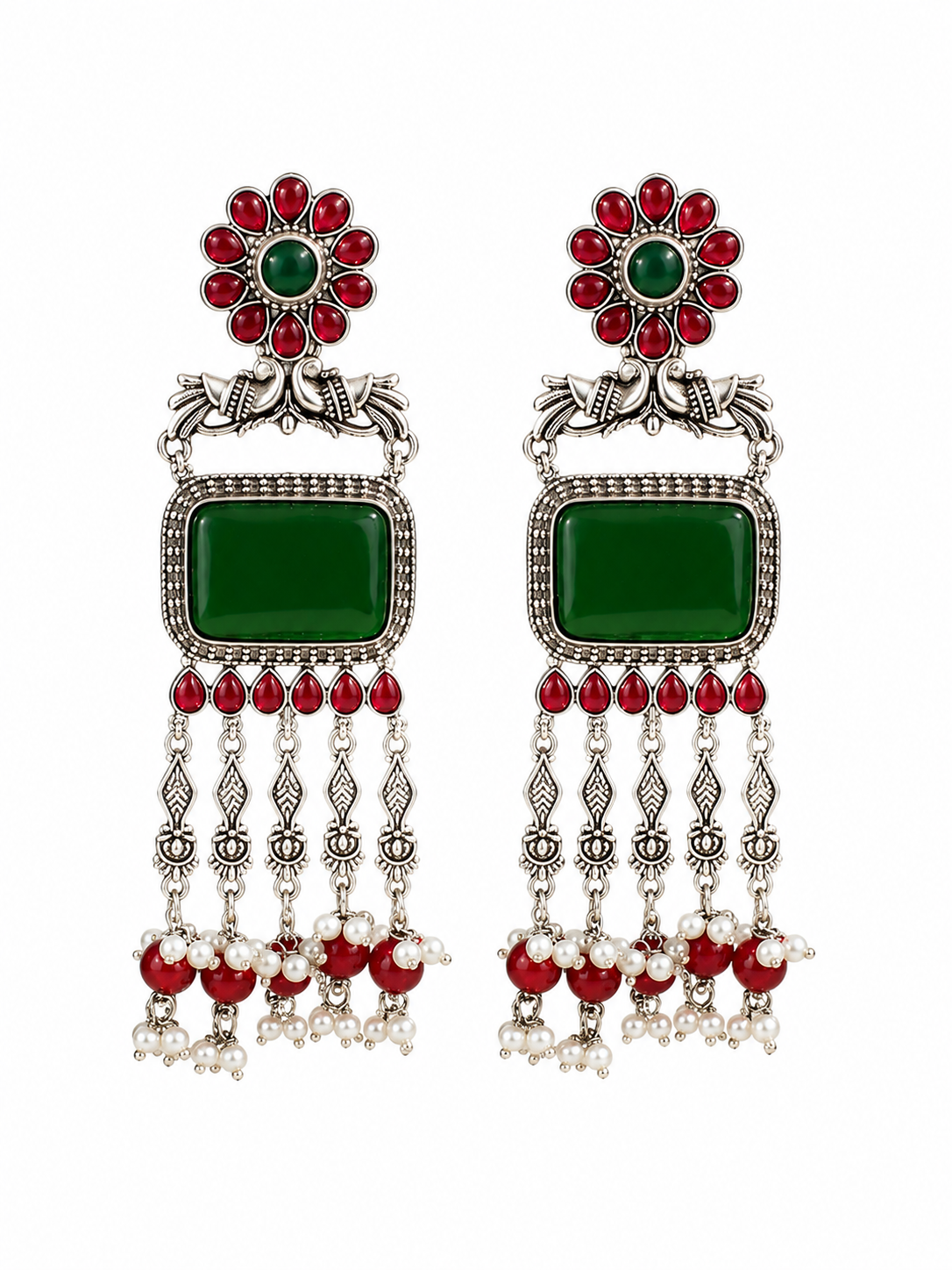 Green Stone Silver-Toned Statement Earring