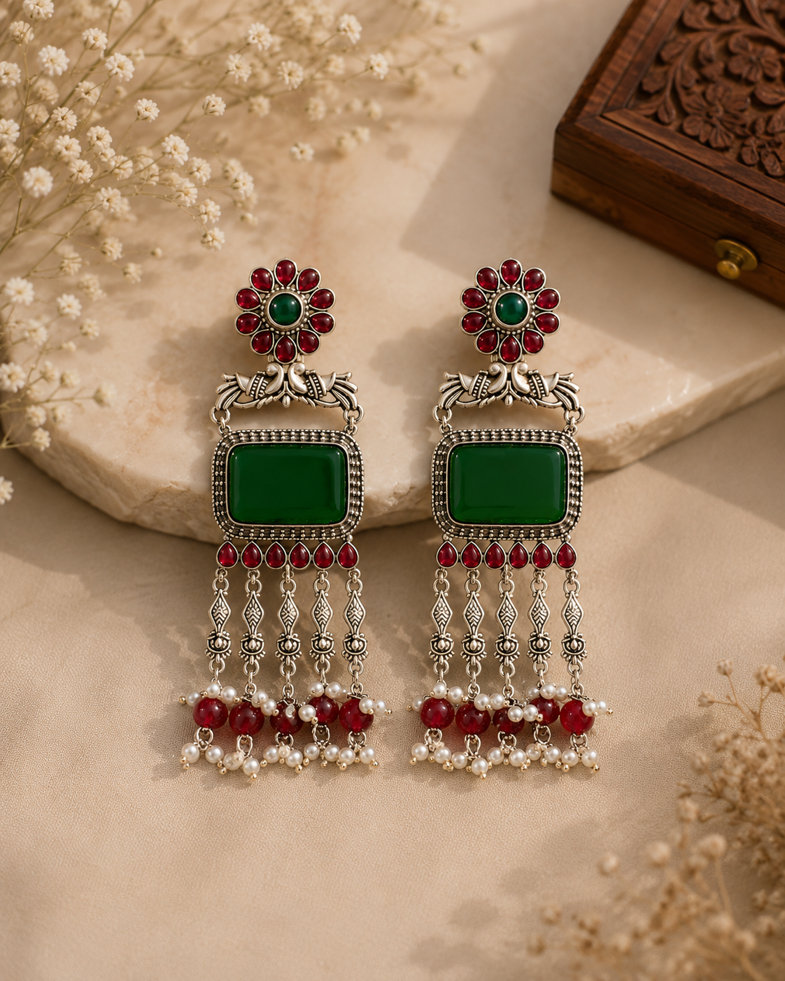 Green Stone Silver-Toned Statement Earring