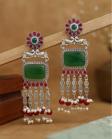 Green Stone Silver-Toned Statement Earring