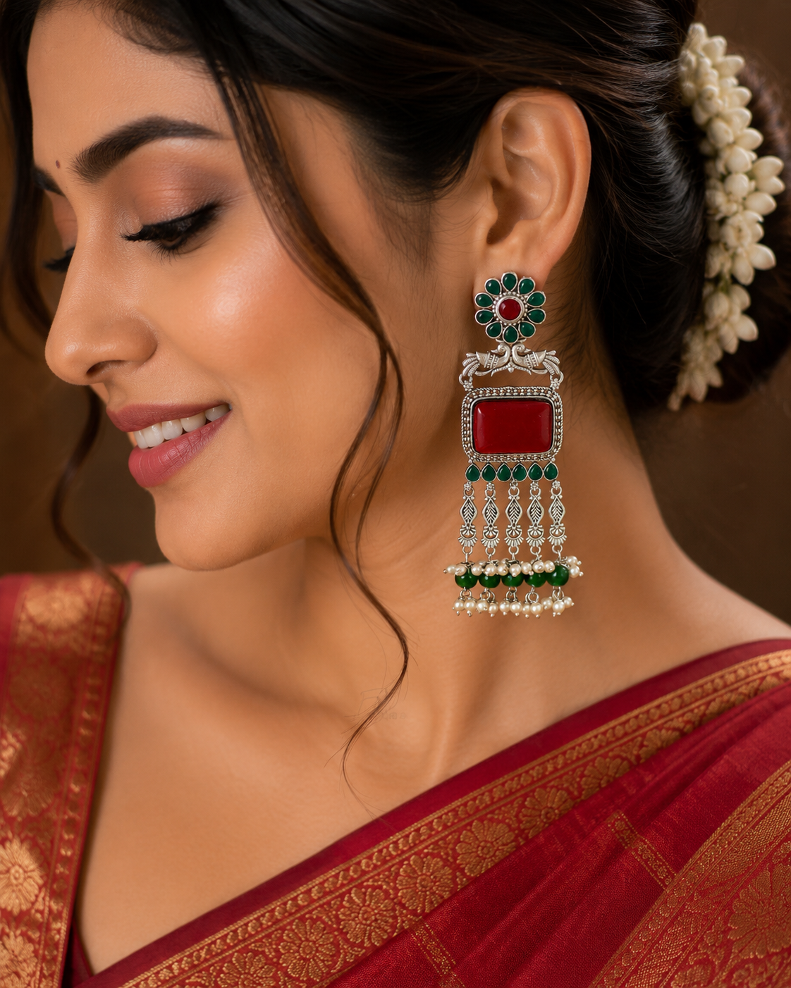 Traditional Green Red Stone Statement Earring
