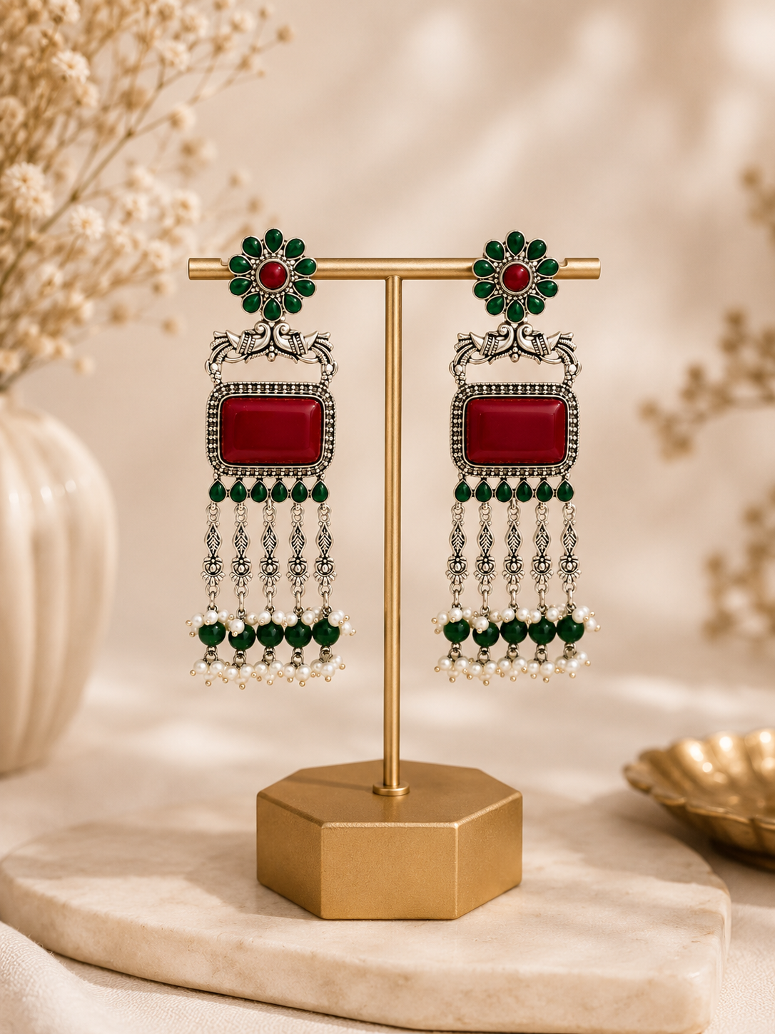 Traditional Green Red Stone Statement Earring