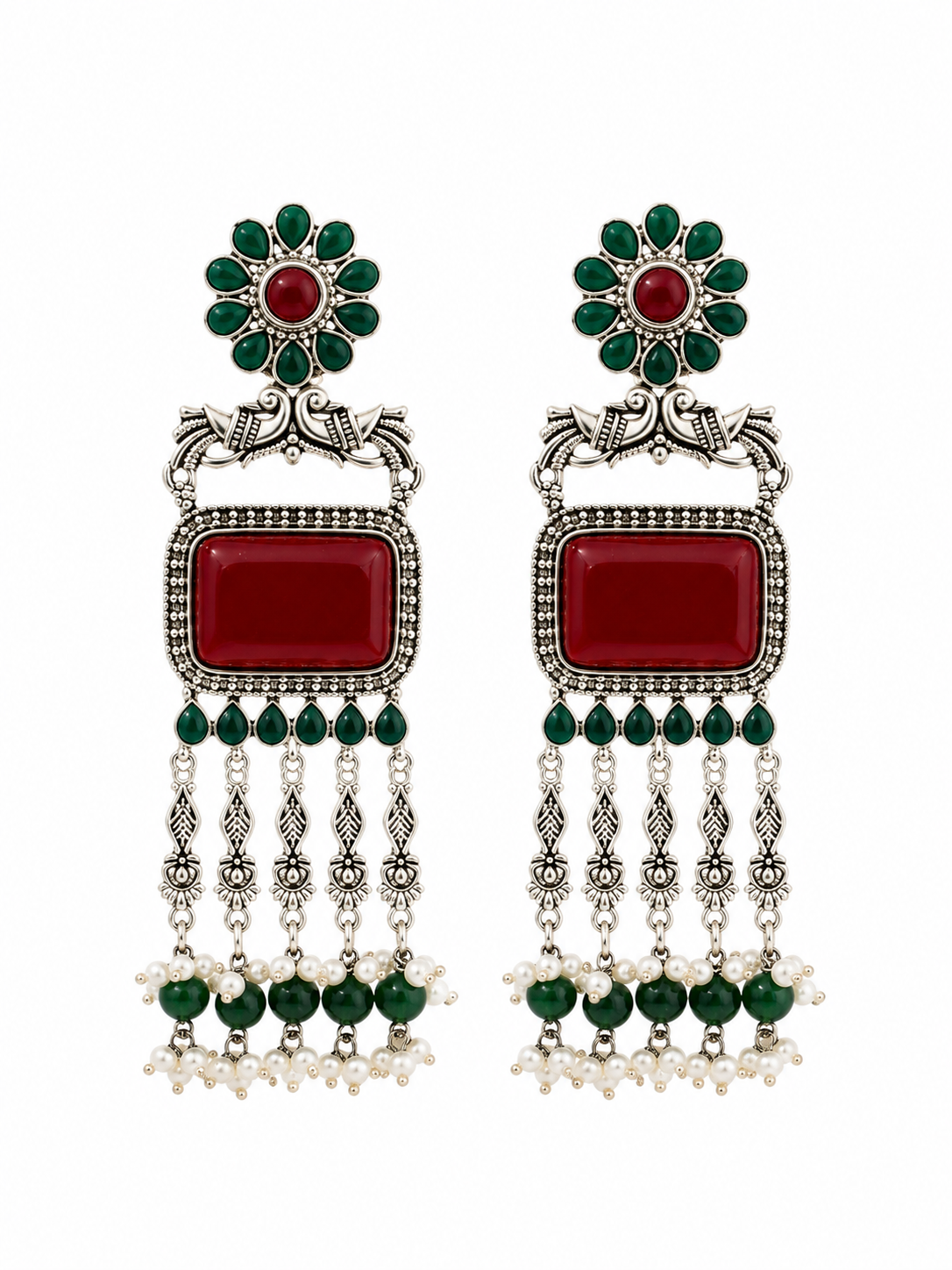 Traditional Green Red Stone Statement Earring