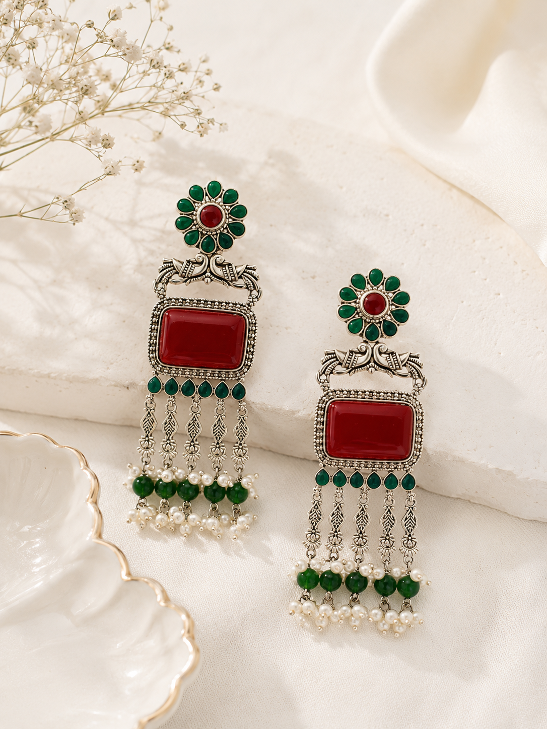 Traditional Green Red Stone Statement Earring