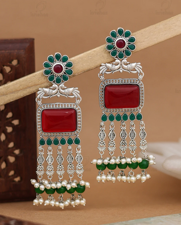 Traditional Green Red Stone Statement Earring