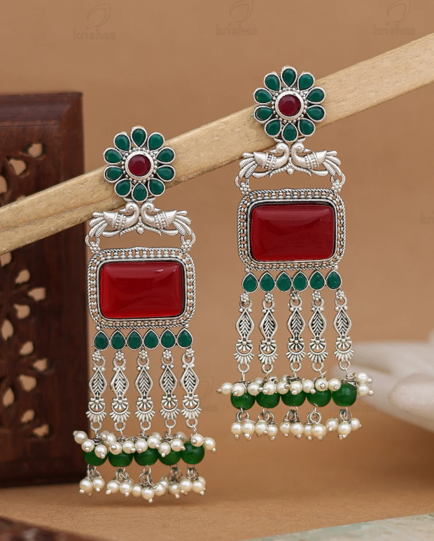 Traditional Green Red Stone Statement Earring
