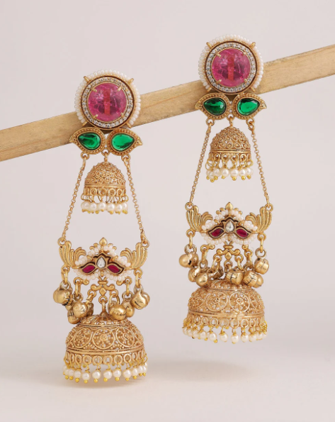 Royal Pink & Green Stone Gold-Toned Jhumka Earring