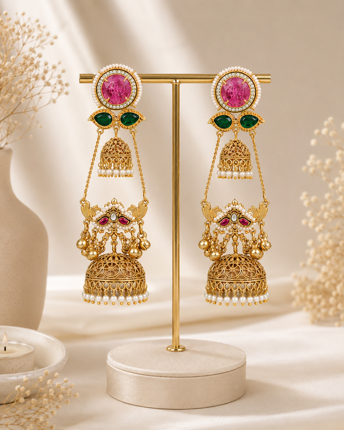 Royal Pink & Green Stone Gold-Toned Jhumka Earring