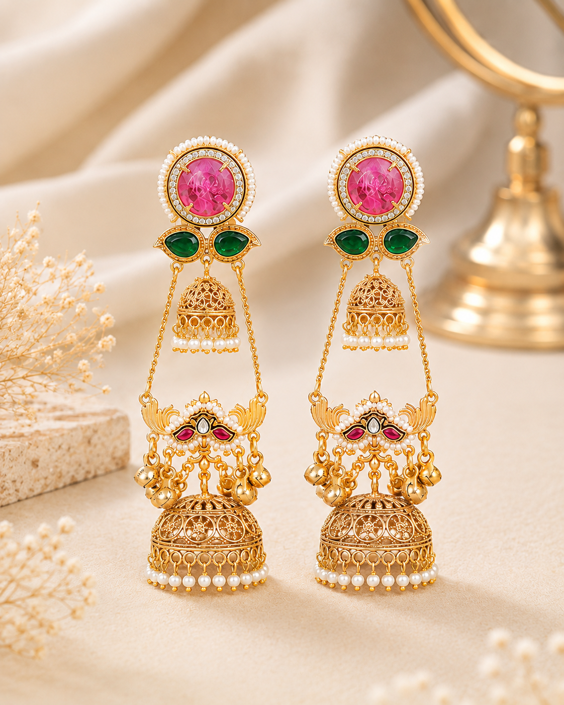 Royal Pink & Green Stone Gold-Toned Jhumka Earring